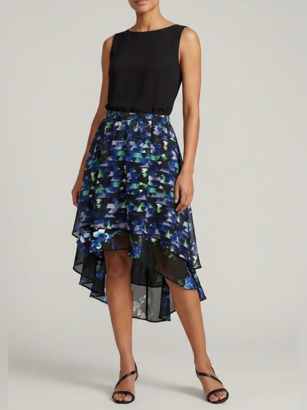Black Blue Floral Multi Print High Low Tiered Ruffle Skirt Kirna Zabete Size M